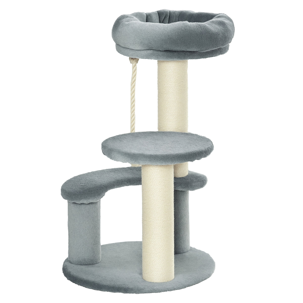 Albero Tiragraffi per Gatti a 3 Livelli con Piattaforme, Lettino e Pali in Sisal, Torre per Gatti con Rivestimento in Peluche, 40x65 cm, Grigio