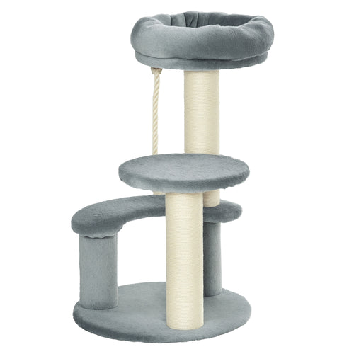 Albero Tiragraffi per Gatti a 3 Livelli con Piattaforme, Lettino e Pali in Sisal, Torre per Gatti con Rivestimento in Peluche, 40x65 cm, Grigio