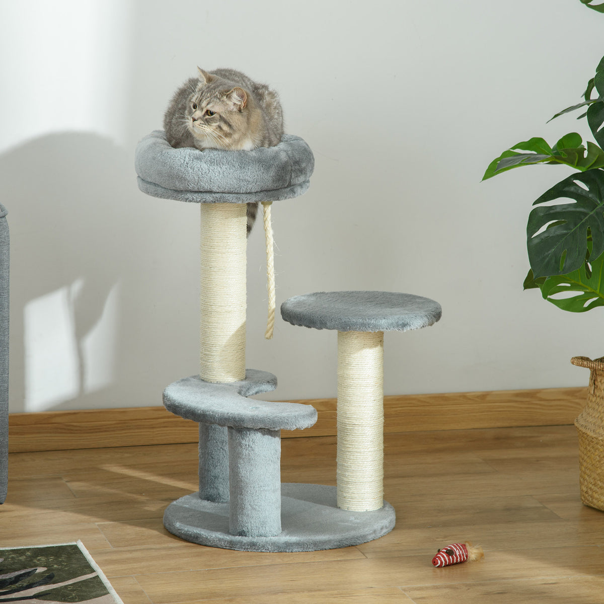Albero Tiragraffi per Gatti a 3 Livelli con Piattaforme, Lettino e Pali in Sisal, Torre per Gatti con Rivestimento in Peluche, 40x65 cm, Grigio