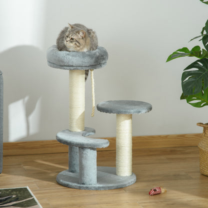 Albero Tiragraffi per Gatti a 3 Livelli con Piattaforme, Lettino e Pali in Sisal, Torre per Gatti con Rivestimento in Peluche, 40x65 cm, Grigio