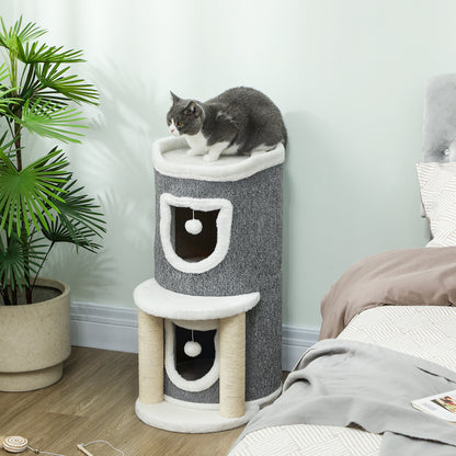 Albero Tiragraffi per Gatti Alto 76 cm con Casette, Lettino, Palline e Pali in Sisal, Grigio
