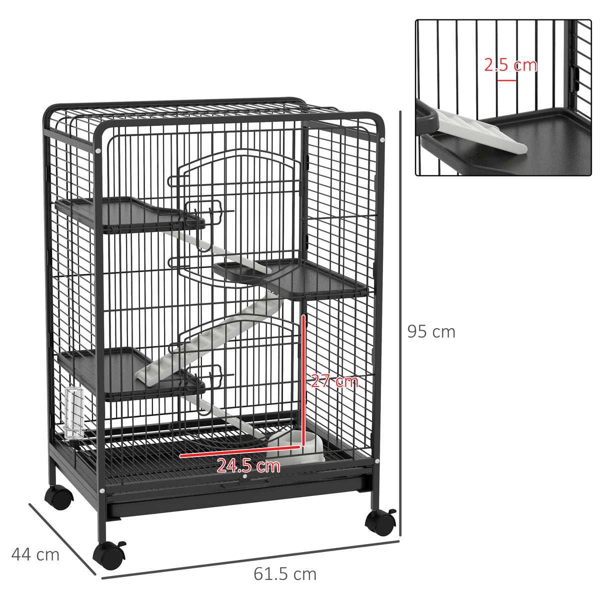 Gabbia per Piccoli Animali e Piccoli Roditori con Ruote, Gabbietta per Conigli e Cincillà con 3 Rampe e 3 Piattaforme, Ciotola e Bottiglia, 61.5x44x95 cm, Nero