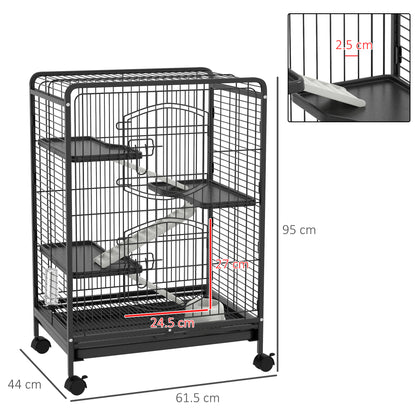 Gabbia per Piccoli Animali e Piccoli Roditori con Ruote, Gabbietta per Conigli e Cincillà con 3 Rampe e 3 Piattaforme, Ciotola e Bottiglia, 61.5x44x95 cm, Nero