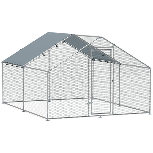Recinto per Galline da 10.2m per 10-15 Galline con Tetto Impermeabile, in Acciaio e Tessuto, 3x3.4x1.9 m, Argento