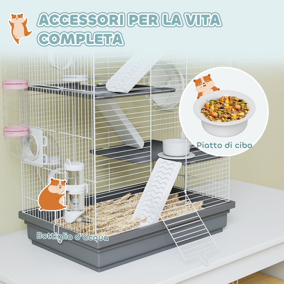 Gabbia per Criceti a 4 Livelli e 16 Tubi con Casetta, Rampa, e Accessori, in Metallo e Plastica, 47x30x70 cm, Grigio