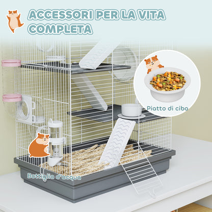 Gabbia per Criceti a 4 Livelli e 16 Tubi con Casetta, Rampa, e Accessori, in Metallo e Plastica, 47x30x70 cm, Grigio
