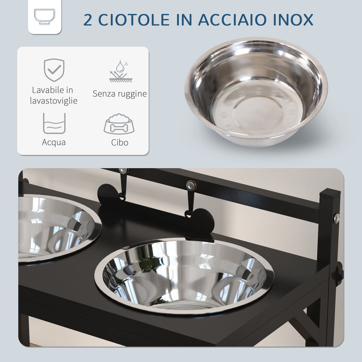 Portaciotole per Cani Rialzata con Altezza Regolabile, 2 Ciotole in Acciaio da 900ml, Nero