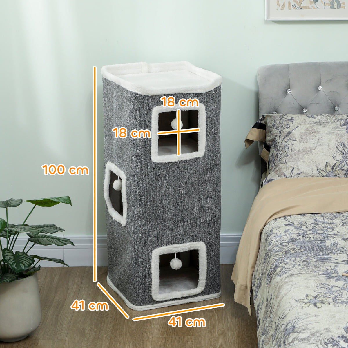 Torre per Gatti con 3 Casette, 3 Palline e Posatoio, in Legno, Tessuto e Peluche, 41x41x100 cm, Grigio e Bianco