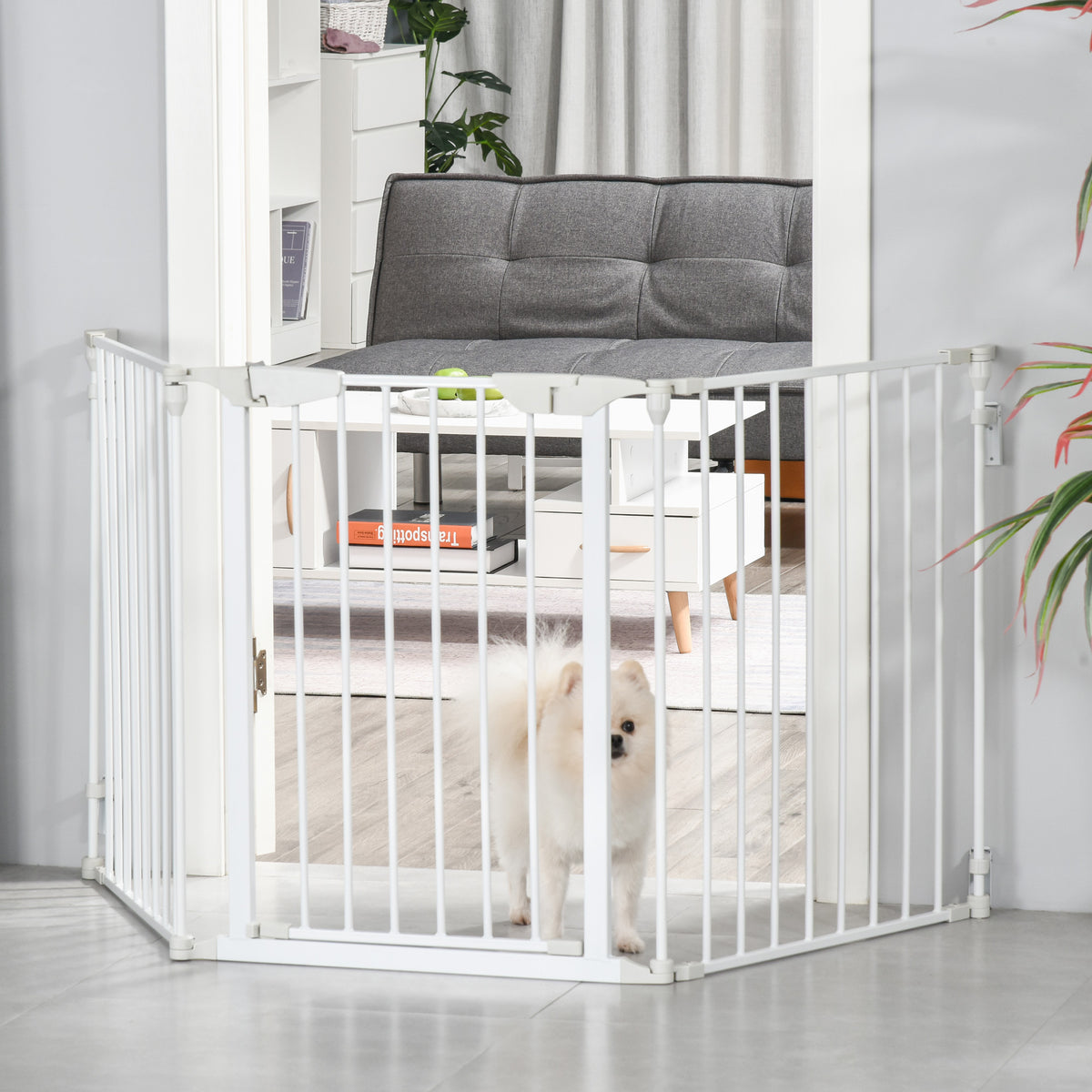 Cancelletto per Cani con Chiusura Automatica e Sistema di Blocco, in Metallo e Plastica, 180x74.5 cm, Bianco