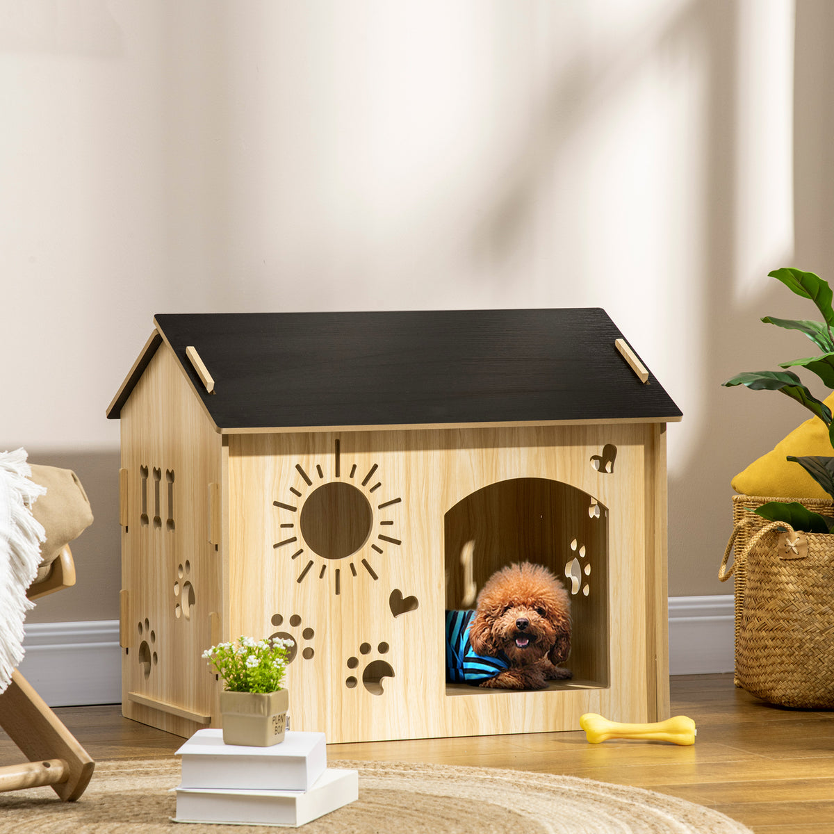 Cuccia per Cani da Interno con Struttura in Legno e Aperture a Forma di Zampa, Cuore e Ossa, Rovere