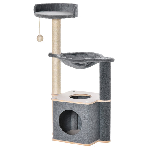 Albero Tiragraffi per Gatti Alto 95cm, Palestra per Gatti di Multilivelli con Casetta, Amaca, Pallina da Gioco, Cuccia e Corde in Sisal, 48x34x95cm, Grigio