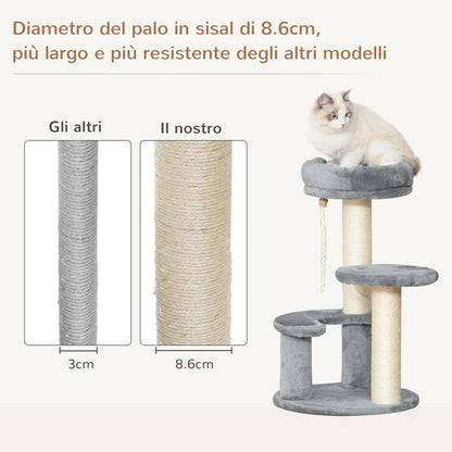 Albero Tiragraffi per Gatti a 3 Livelli con Piattaforme, Lettino e Pali in Sisal, Torre per Gatti con Rivestimento in Peluche, 40x65 cm, Grigio