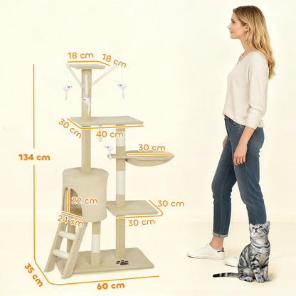 Torre per Gatti con Casetta, Trespolo, Piattaforme e 4 Topolini Appesi, 60x35x134 cm, Beige