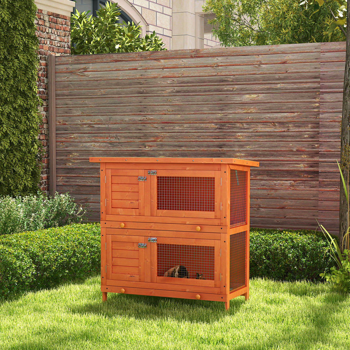 Gabbia a Due Piani per Conigli, Conigliera da Esterno in Legno di Abete, 90x45x90 cm, Legno e Verde