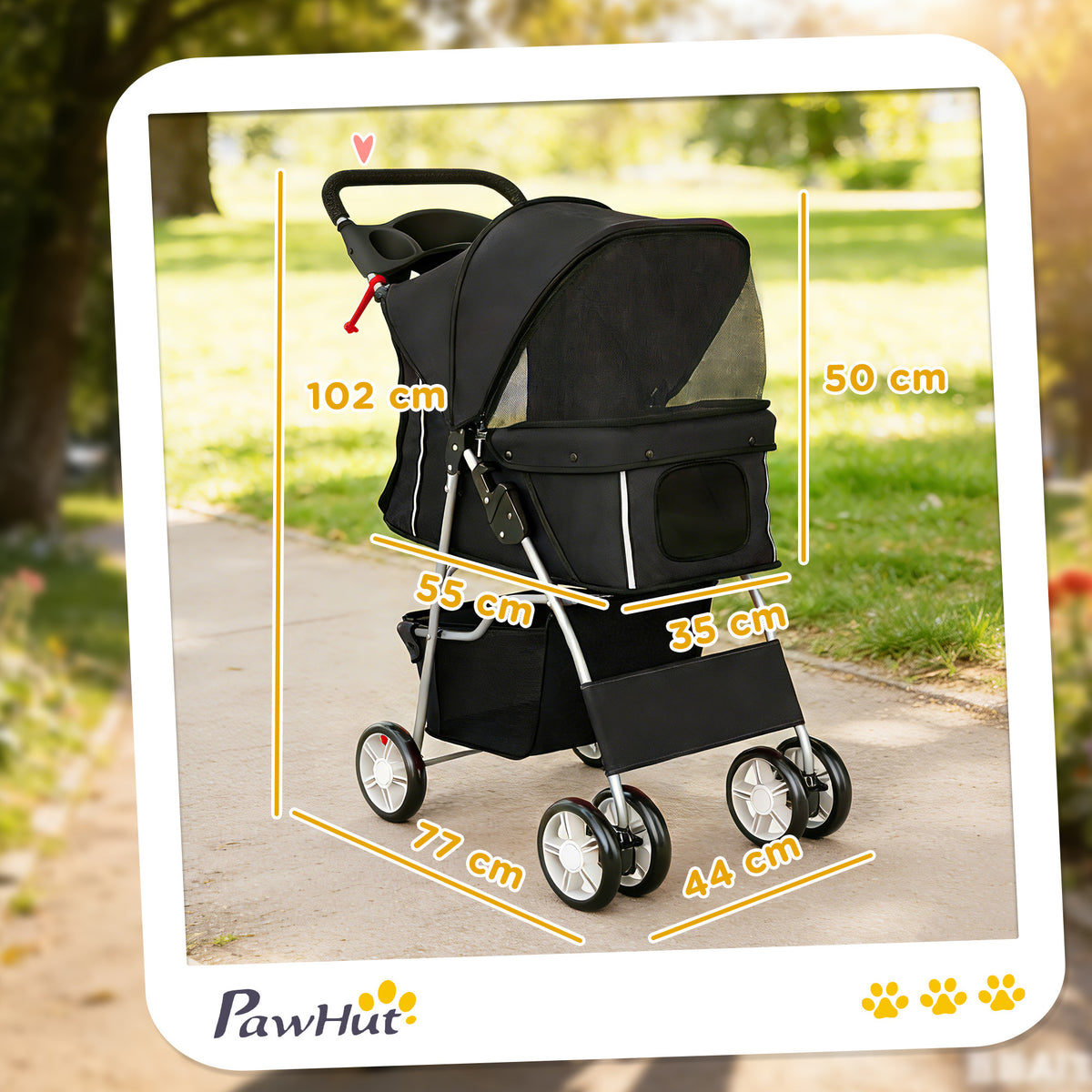 Passeggino per Cani Pieghevole con Cestino e Portabicchiere, Peso Max. 10 kg, 77x44x102 cm, Nero