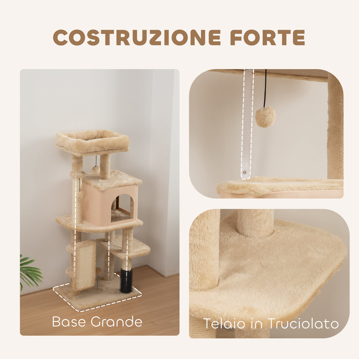 Albero per Gatti Multilivello Alto 132 cm con Casetta, Lettino, Pali Tiragraffi, Spazzola e Pallina, Beige