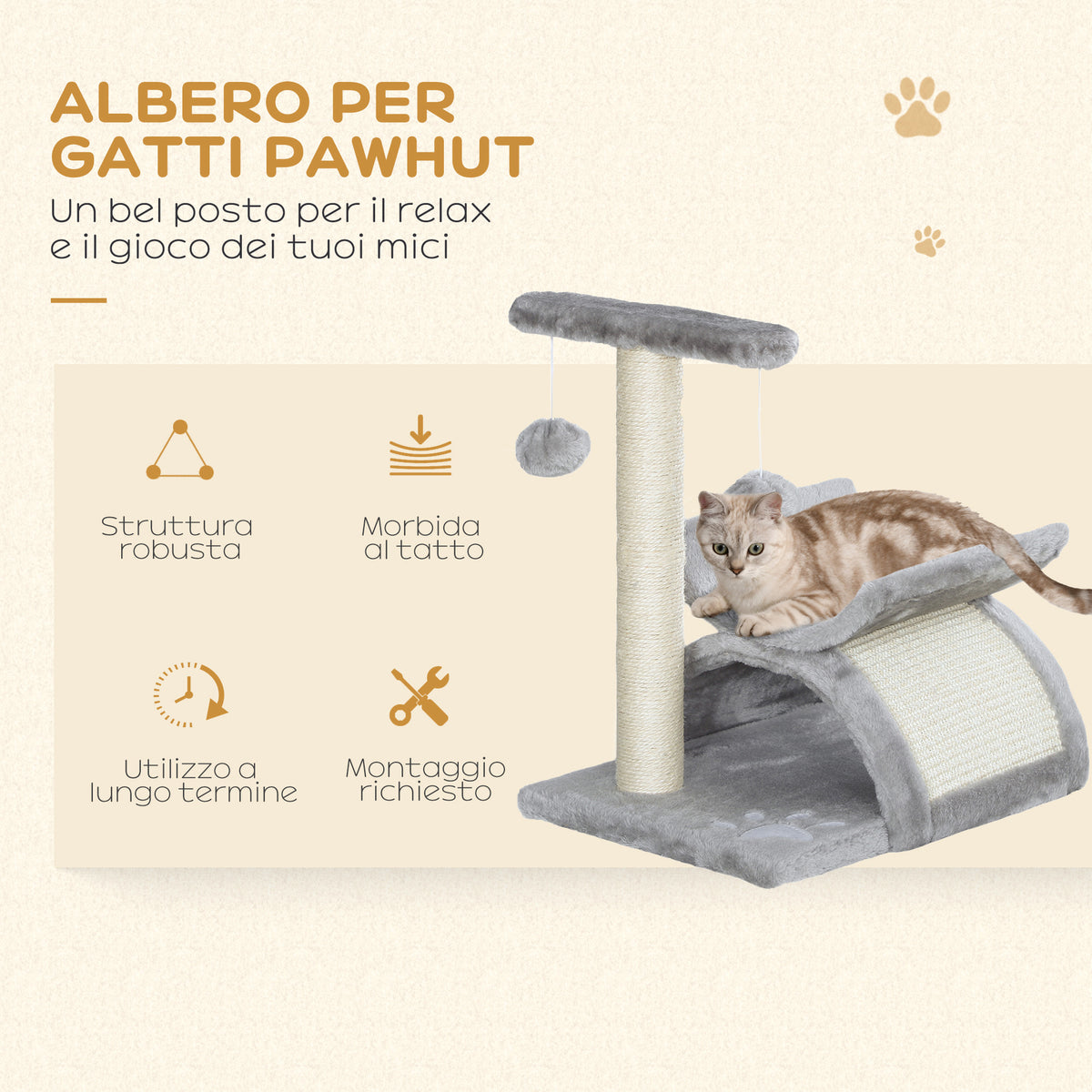Albero Tiragraffi per Gatti in Peluche con Palo in Sisal, Cuccia e 2 Palline, 40x30x43cm, Grigio