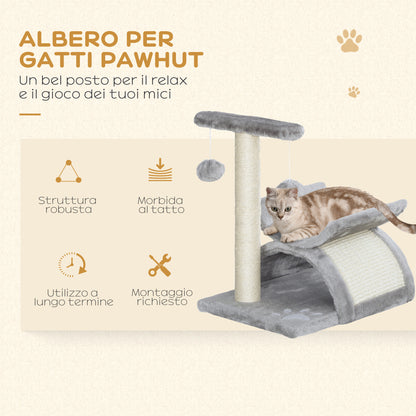 Albero Tiragraffi per Gatti in Peluche con Palo in Sisal, Cuccia e 2 Palline, 40x30x43cm, Grigio
