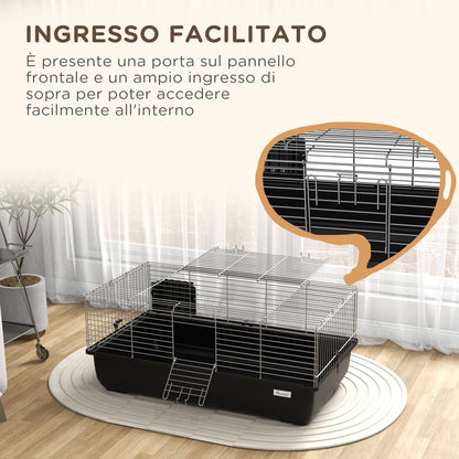 Gabbia per Conigli a 2 Porte con Vassoio Rimovibile, in Metallo e Plastica PP, 100x55x41 cm, Nero e Argento