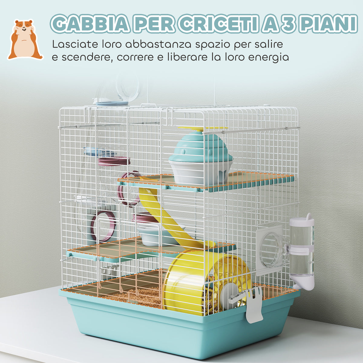 Gabbia per Criceti a 3 Livelli e 12 Tubi con Casetta, Rampa, e Accessori, in Metallo e Plastica, 34.5x27.5x41 cm, Grigio