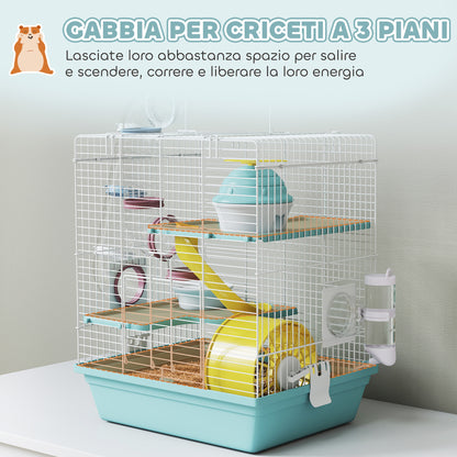 Gabbia per Criceti a 3 Livelli e 12 Tubi con Casetta, Rampa, e Accessori, in Metallo e Plastica, 34.5x27.5x41 cm, Grigio