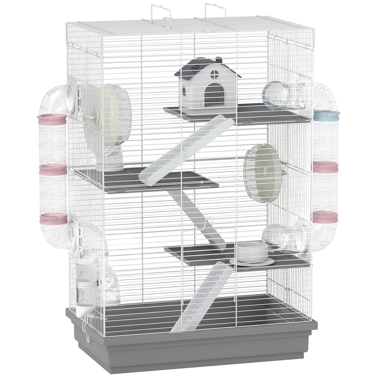 Gabbia per Criceti a 4 Livelli e 16 Tubi con Casetta, Rampa, e Accessori, in Metallo e Plastica, 47x30x70 cm, Grigio