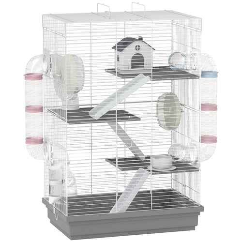 Gabbia per Criceti a 4 Livelli e 16 Tubi con Casetta, Rampa, e Accessori, in Metallo e Plastica, 47x30x70 cm, Grigio