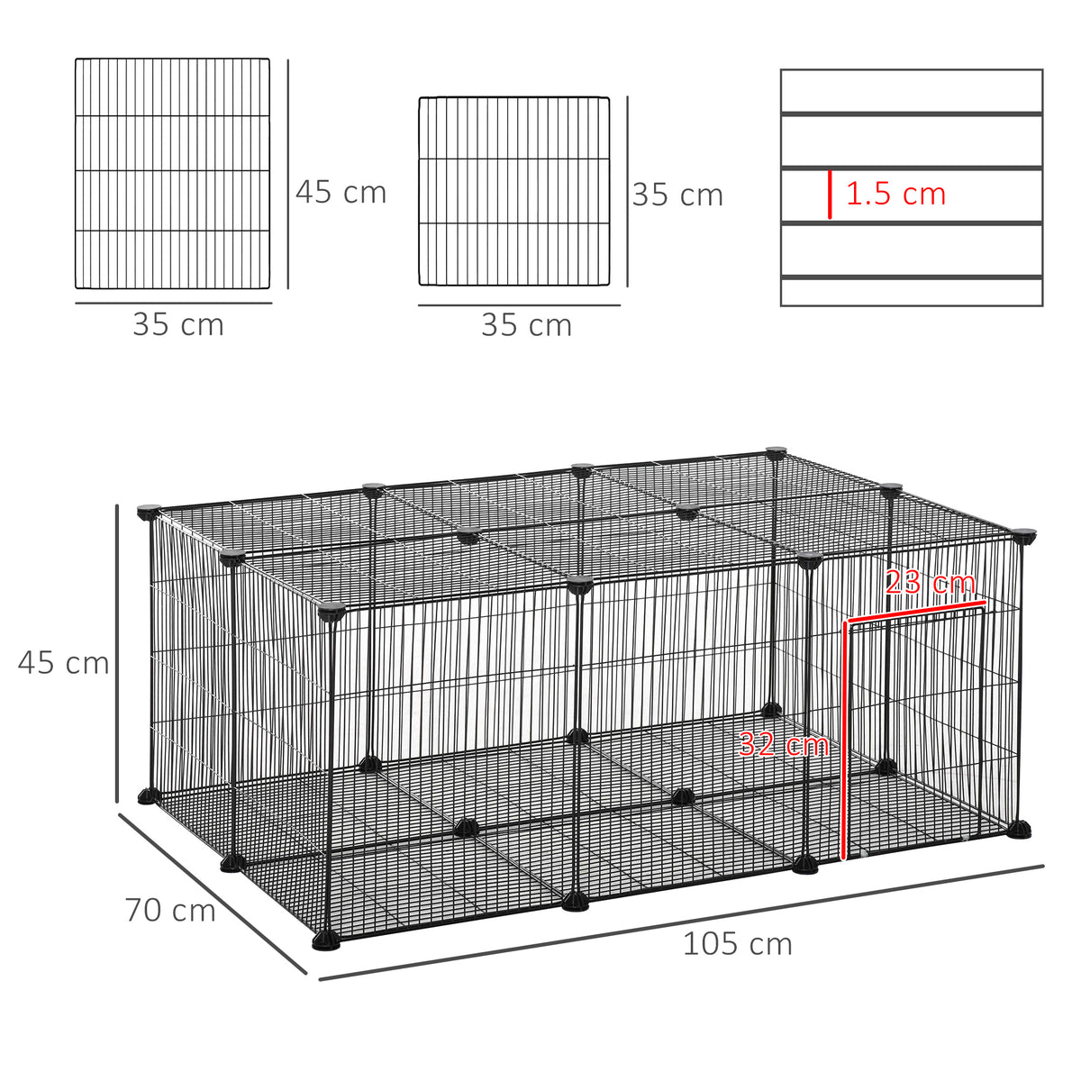 Gabbia per Conigli e Piccoli Animali, 22 Pannelli Modulabili in Metallo con Porta, Nero, 105 x 70 x 45cm