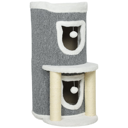 Albero Tiragraffi per Gatti Alto 76 cm con Casette, Lettino, Palline e Pali in Sisal, Grigio