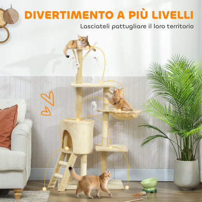 Torre per Gatti con Casetta, Trespolo, Piattaforme e 4 Topolini Appesi, 60x35x134 cm, Beige