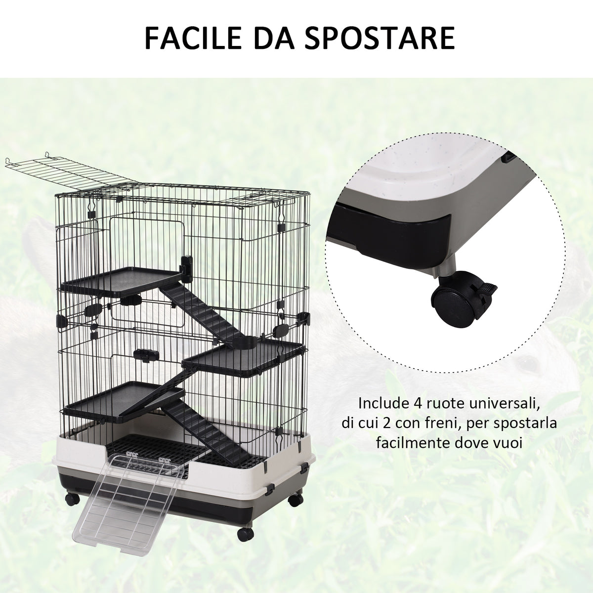 Gabbia a 3 Piani in Metallo con Vassoio per Roditori, Conigli e Furetti con 4 Ruote, 81.2x52.7x114cm, Nera