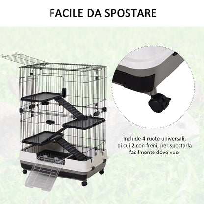 Gabbia a 3 Piani in Metallo con Vassoio per Roditori, Conigli e Furetti con 4 Ruote, 81.2x52.7x114cm, Nera