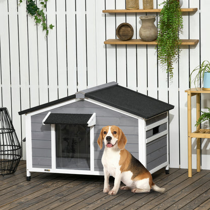 Casetta per Cani in Legno con Design Rialzato, Tenda Protettiva e 2 Finestre, 109x79x72 cm