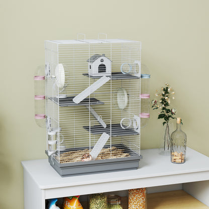 Gabbia per Criceti a 4 Livelli e 16 Tubi con Casetta, Rampa, e Accessori, in Metallo e Plastica, 47x30x70 cm, Grigio