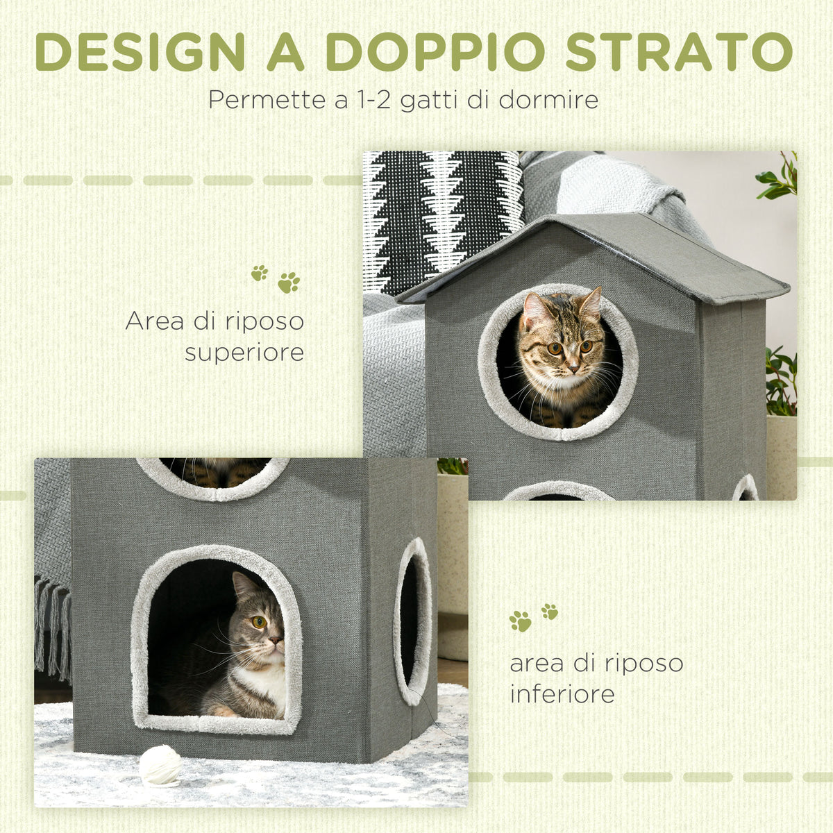 Casetta per Gatti a Due Livelli con Cuscini Lavabili 3 entrate, 42x46x59.5 cm, Grigio