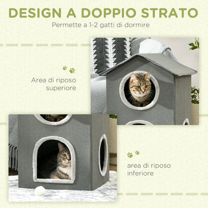 Casetta per Gatti a Due Livelli con Cuscini Lavabili 3 entrate, 42x46x59.5 cm, Grigio