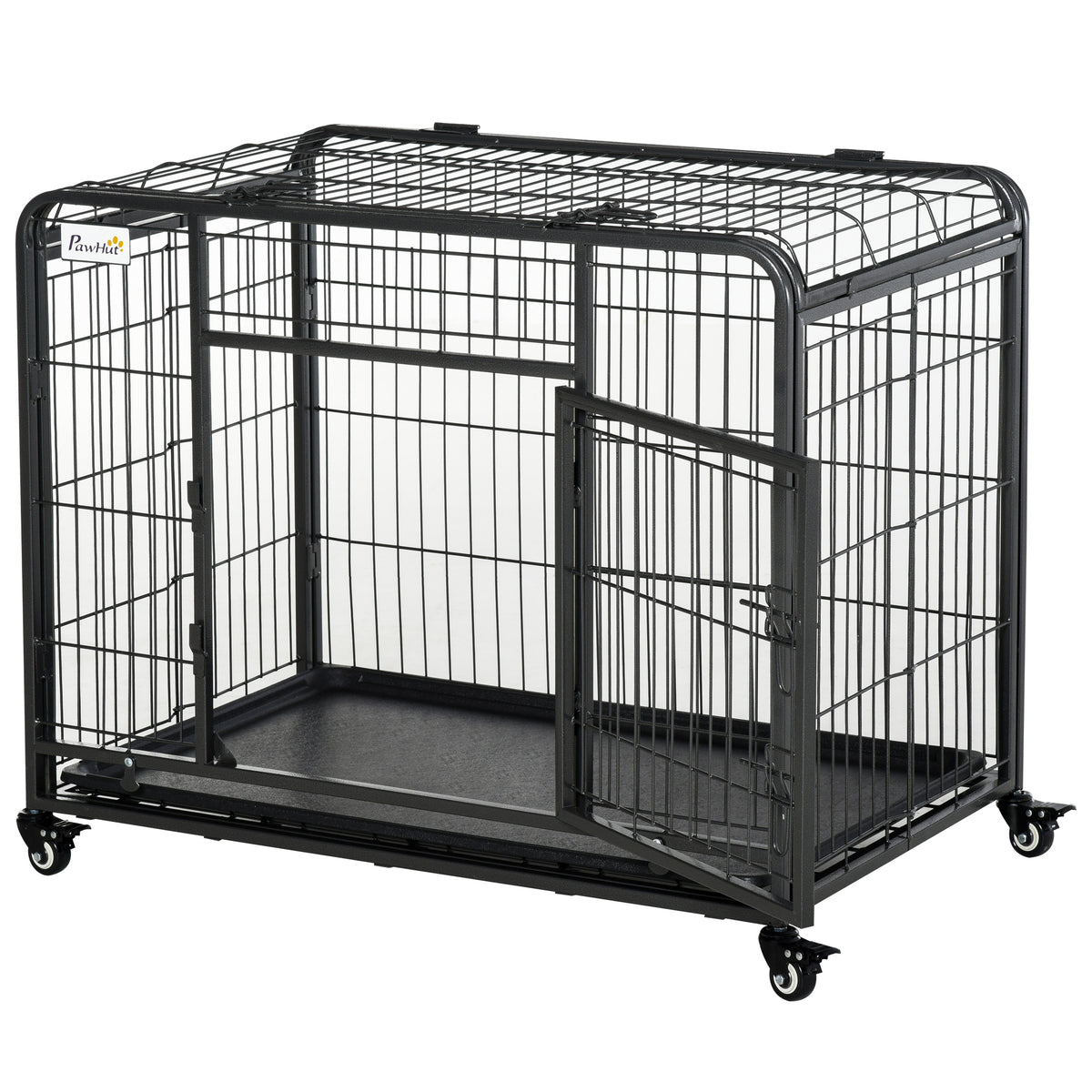 Kennel per Cani Pieghevole a Doppia Porta con Blocco, 4 Ruote con Freno e Fondo Rimovibile, 94x58x69.5 cm, Grigio