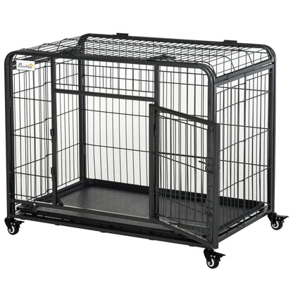 Kennel per Cani Pieghevole a Doppia Porta con Blocco, 4 Ruote con Freno e Fondo Rimovibile, 94x58x69.5 cm, Grigio