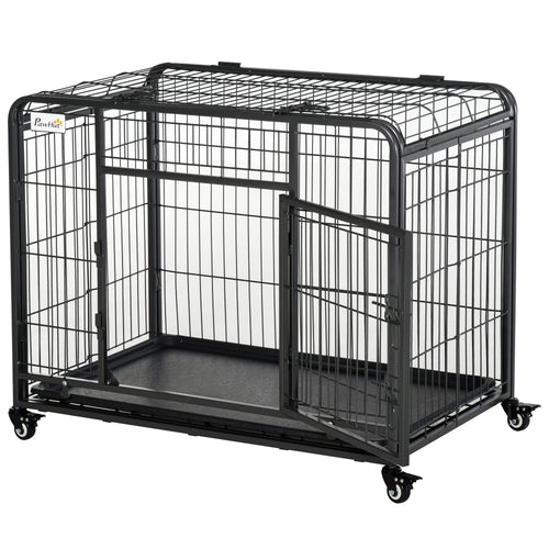 Kennel per Cani Pieghevole a Doppia Porta con Blocco, 4 Ruote con Freno e Fondo Rimovibile, 94x58x69.5 cm, Grigio