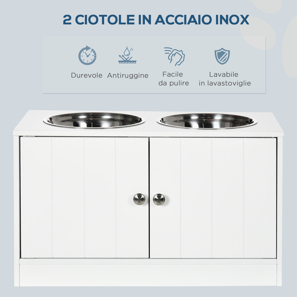 Ciotole per Cani Rialzate con Armadietto da 44L e 2 Ciotole in Acciaio, 60x30x35.5cm, Bianco