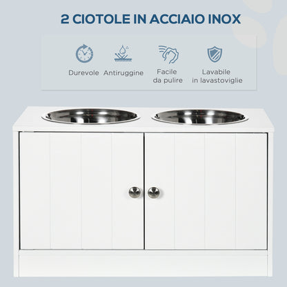 Ciotole per Cani Rialzate con Armadietto da 44L e 2 Ciotole in Acciaio, 60x30x35.5cm, Bianco