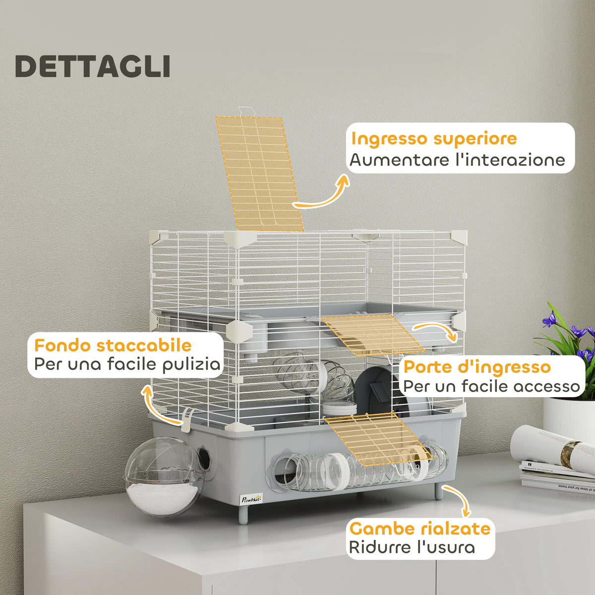 Gabbia per Criceti a 2 Livelli e 3 Porte con Ruota e Tubi, in Acciaio, PS e PP, 44.5x28x44 cm, Grigio e Bianco