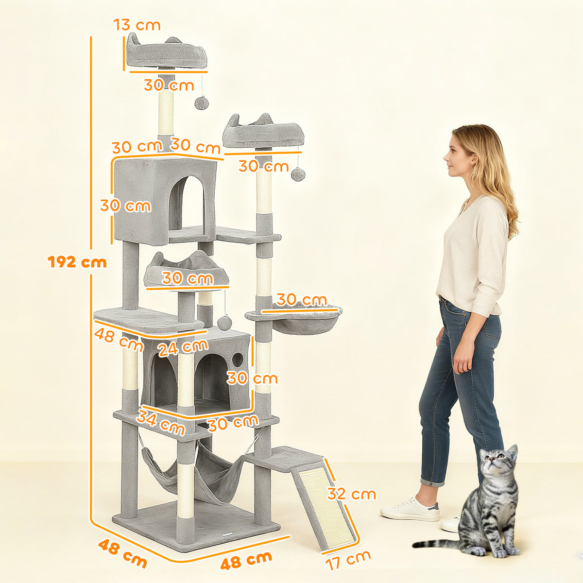Albero Tiragraffi per Gatti con Scala, 2 Amache, 3 Posatoi, 2 Casette e 3 Piattaforme, 48x48x192 cm, Grigio e Crema