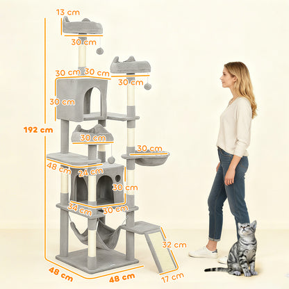 Albero Tiragraffi per Gatti con Scala, 2 Amache, 3 Posatoi, 2 Casette e 3 Piattaforme, 48x48x192 cm, Grigio e Crema