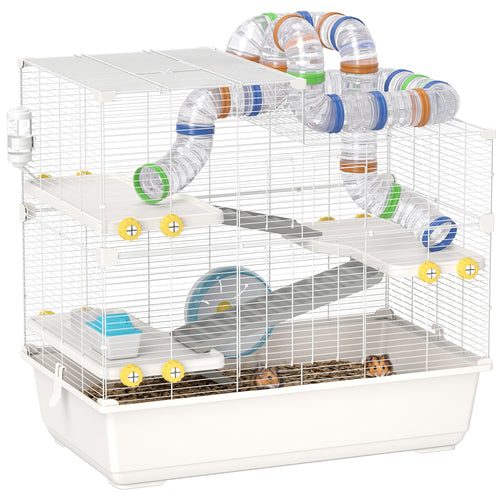 Gabbia per Criceti a 4 Livelli con Tubi, Ruota, 3 Porte e Vassoio, in Metallo, PP e PS, 78x45x73 cm, Bianco