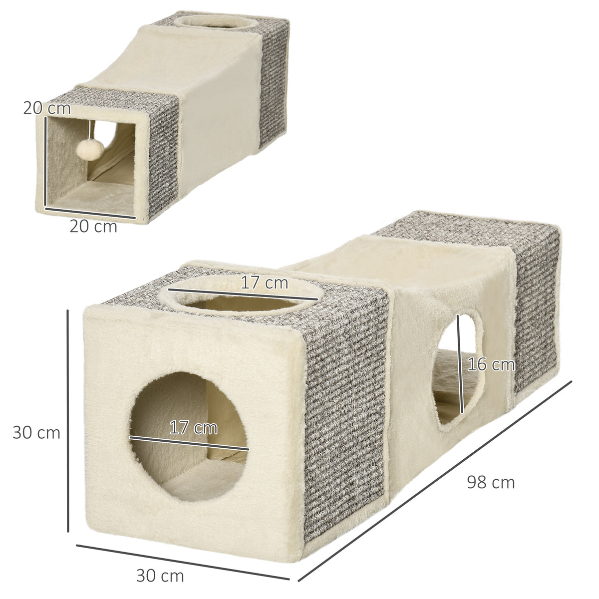 Tunnel per Gatti Pieghevole con Casette, Tiragraffi e Pallina in Peluche e Sisal, Crema