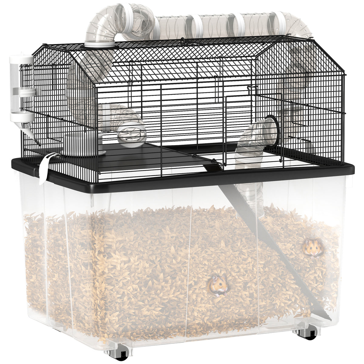 Gabbia per Criceti a 2 Piani con Ruote, Tubi, Ciotola, Bottiglia e Rampa, 58x43x57 cm, Nero