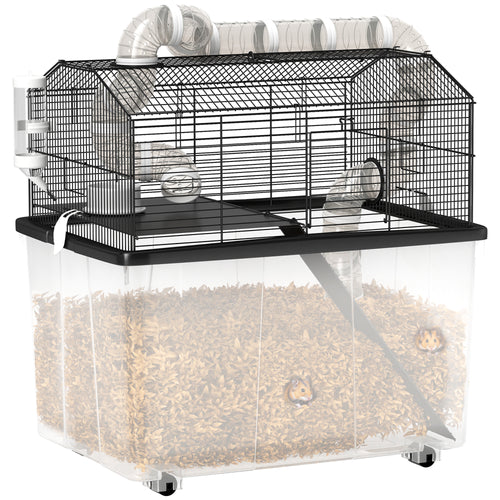 Gabbia per Criceti a 2 Piani con Ruote, Tubi, Ciotola, Bottiglia e Rampa, 58x43x57 cm, Nero