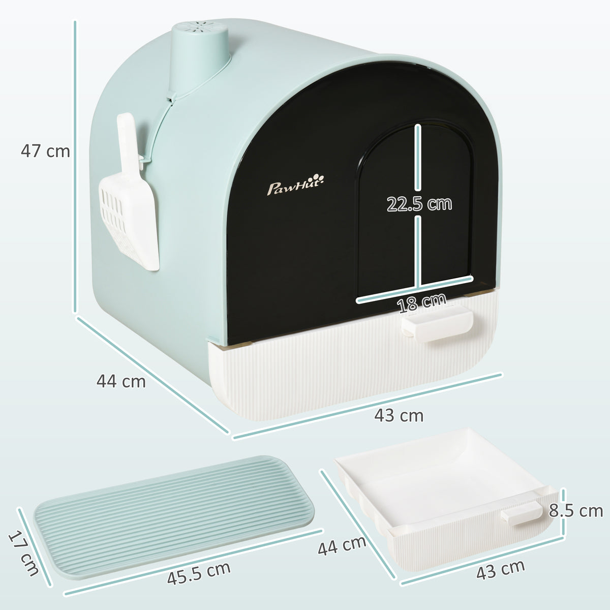 Lettiera per Gatti Chiusa con Filtri, Paletta e Vassoio, Struttura in PP, 43x44x47cm, Verde