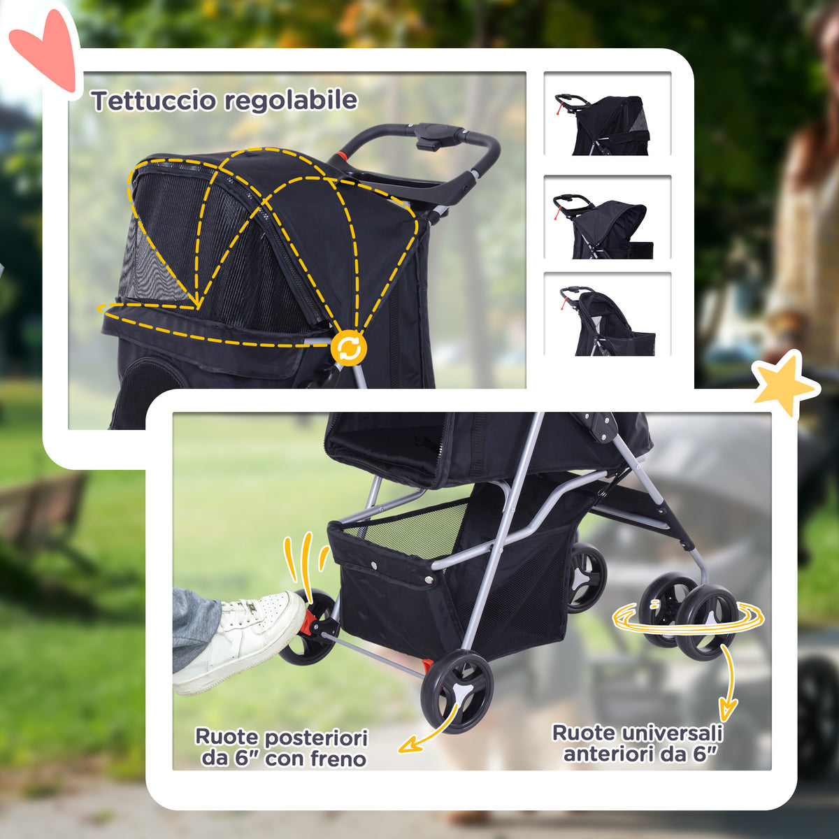 Passeggino per Cani Piccoli Pieghevole, Carrozzina per Cani con Ruote con Freni, Portabicchieri, Cestino Portaoggetti, 3 Finestre e Ruote Anteriori a 360, per Animali Domestici 10 kg, Nero